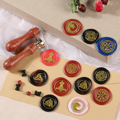 Miniatura 2 de Juego de 6 piezas de sello de cera de madera con cabeza de latón extraíble + 2 asas de madera + caja de cofre del tesoro de madera y cuero