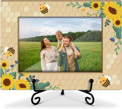 Marco de fotos de girasol, patrón de girasol y abeja de 4 x 6 pulgadas, marco de madera, marco de fotos, decoración del hogar para sala de estar,