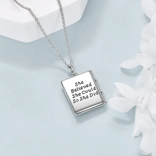 Miniatura 2 de Collar con medallón de fotos de plata de ley 925 con diseño de libro que sostiene fotos, regalos de cumpleaños para mujeres y madres
