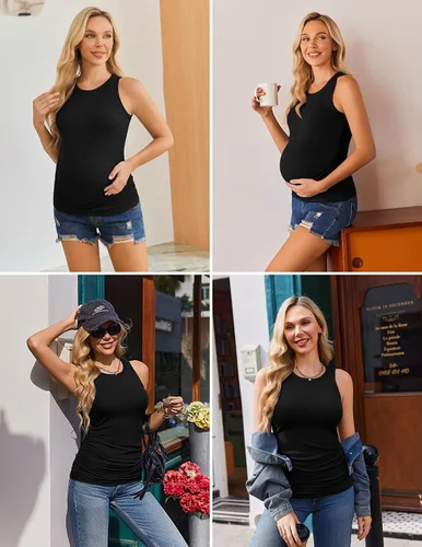 Miniatura 2 de Ekouaer Camisetas sin mangas de maternidad, paquete de 3 camisetas acanaladas para embarazo, cuello redondo, ropa de mamá fruncida, tallas S-XXL