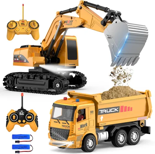 MQDMINI Juego de juguetes de excavadora y camión volquete con control remoto, vehículos de construcción RC con barricadas, señales de tráfico, rocas