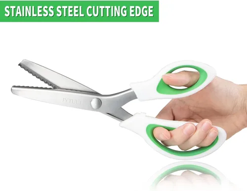 Miniatura 5 de Tijeras de tinta verde de 9.5 pulgadas, tijeras de acero inoxidable afiladas para manualidades en zigzag para tela, papel y cuero, agarre cómodo