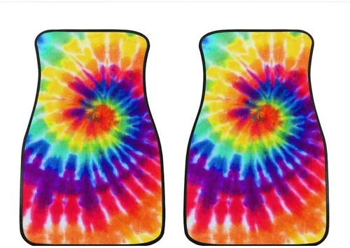 JEOCODY Colorido arco iris teñido anudado alfombrillas delanteras de coche para coche cojín antideslizante accesorios automotrices, juego de 2