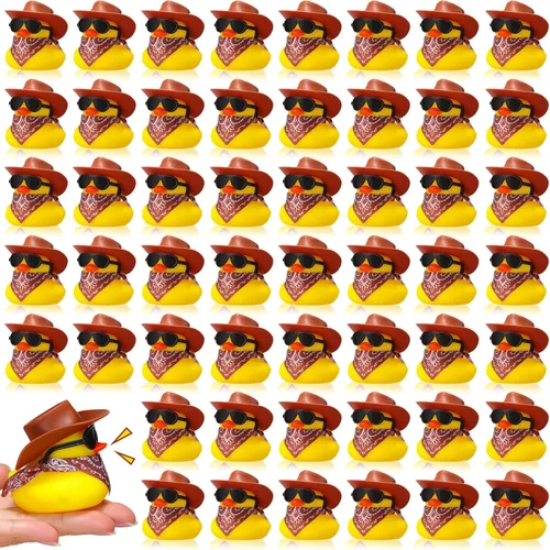 Sosation 48 piezas de pato de goma de vaquero mini patitos amarillos pequeños patos juguetes de fiesta con mini sombrero de vaquero cachemira