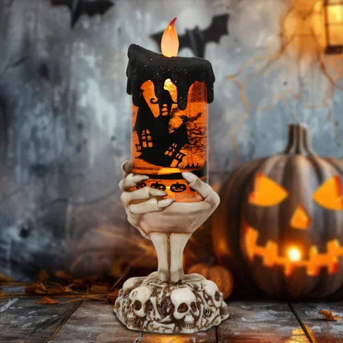 Miniatura 11 de Eldnacele Velas de Globo de Nieve de Halloween Lámpara Iluminada, Operada con Batería Vela Giratoria Espeluznante de Tornado de Agua Brillante Sin