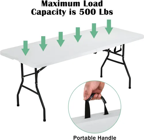 Miniatura 7 de Mesa plegable portátil de 6 pies plegable por la mitad con asa, soporta hasta 500 libras, mesa de comedor para interiores y exteriores para fiestas