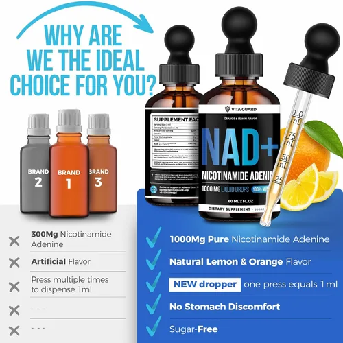 Miniatura 7 de Vita Guard Pure NAD+ Liquid Drops 1000mg Fórmula de nicotinamida y adenina Vegano, sin OMG Sabor natural de limón y naranja Suplemento