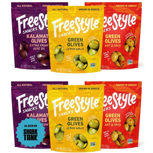 Freestyle Snacks Paquetes de aperitivos de oliva – Kalamata fresca y aceitunas verdes, tamaño jumbo, cultivado en Grecia, aperitivo salado,