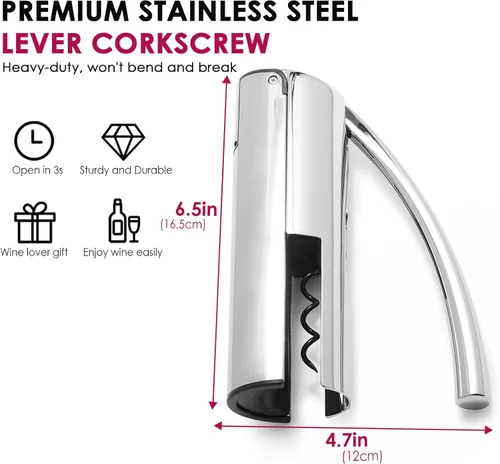 Miniatura 9 de KAYCROWN Abridor de vino, sacacorchos de palanca vertical de acero inoxidable con cortador de lámina, espiral extra y caja de regalo premium