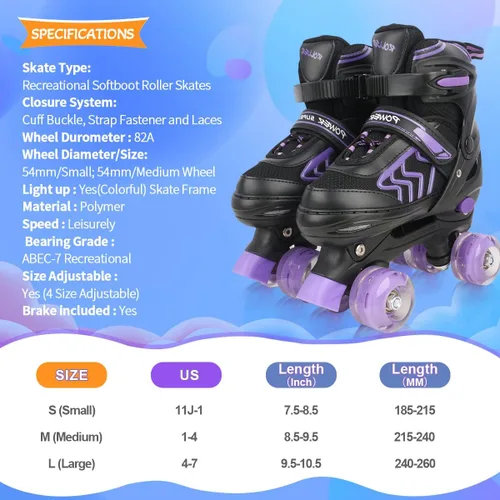 Miniatura 6 de Patines infantiles para niñas de 6 a 12 años – Patines ajustables para niños con ruedas juveniles iluminadas en negro y morado