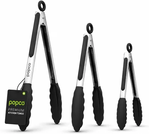 Popco Juego de pinzas de cocina de 3 piezas, puntas de silicona resistentes al calor, agarre fuerte y cómodo, 3 tamaños (7, 9, 12 pulgadas),