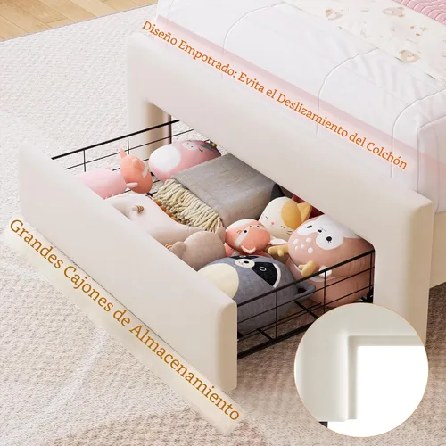Miniatura 4 de Marco de cama LED tapizado individual con cajón de almacenamiento y cabecera doble ondulada ajustable, cama de plataforma de terciopelo estilo Beige