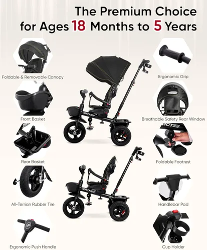 Miniatura 5 de RIDYEE Triciclo 7 en 1 para 18 meses a 5 años, neumáticos de goma todo terreno, frenos de doble rueda, asiento giratorio para niños pequeños de 1.5