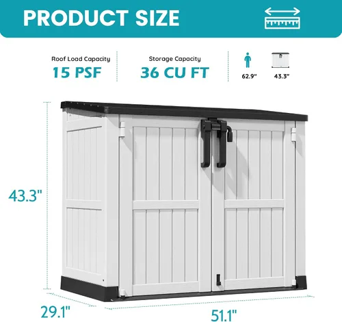 Miniatura 6 de LHBcraft Armario de almacenamiento para exteriores de 36 pies cúbicos con puertas con cerradura, cobertizo de almacenamiento horizontal portátil