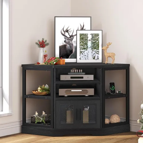 Miniatura 3 de YITAHOME Soporte de TV esquinero para televisores de hasta 50 pulgadas con toma de corriente, moderno centro de entretenimiento de granja, consola