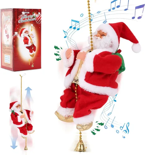 Gfilay Papá Noel escalador con música, adorno colgante de árbol de Navidad, novedad de Papá Noel escalador en cuerda, decoración navideña, gran