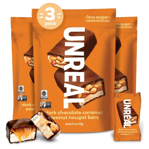 Miniatura 7 de UNREAL Barras de turrón de cacahuete con caramelo y chocolate oscuro, 70% ingredientes orgánicos, comercio justo, sin OMG, sin jarabe de maíz
