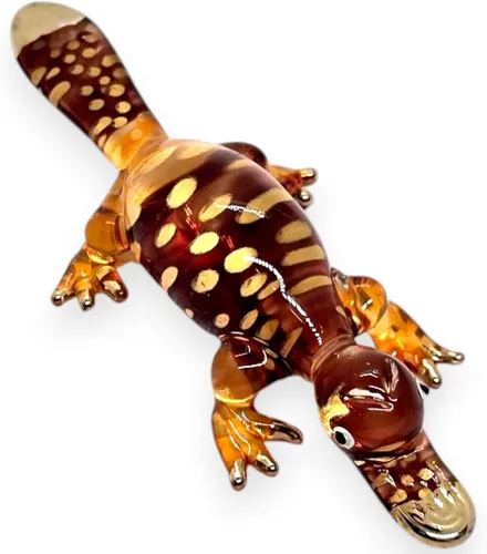 Miniatura 2 de WitnyStore Pequeña figura de ornitorrinco marrón dorado de 3¼ pulgadas, en miniatura, soplado a mano, vidrio pintado a mano, platypi, pico de agua