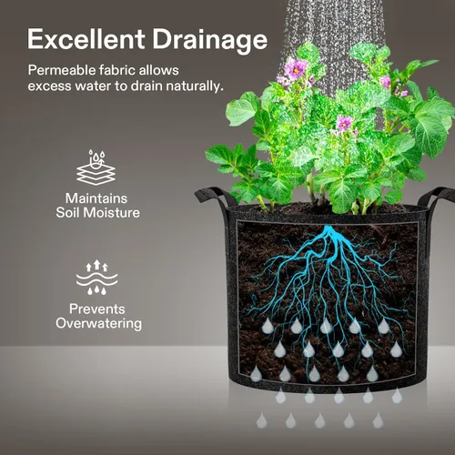 Miniatura 2 de VIVOSUN - Paquete de 5, 1 galón, bolsas para cultivar de tela no tejida gruesa resistente con asas Negro