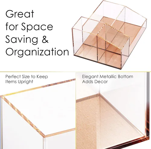 Miniatura 4 de Organizador de brochas de maquillaje de acrílico transparente con base metálica de oro rosa, 4 compartimentos organizadores de oficina