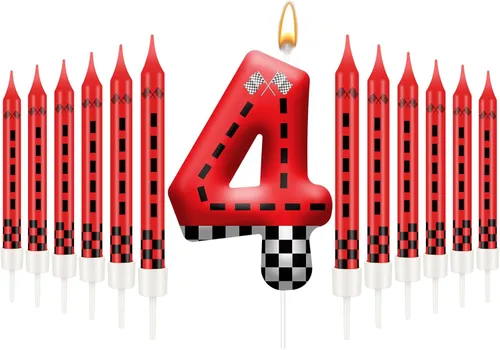 Miniatura 10 de 13 piezas de velas temáticas de coches de carreras para cumpleaños en negro y blanco con número de carrera 1 a cuadros, velas para tarta de coche
