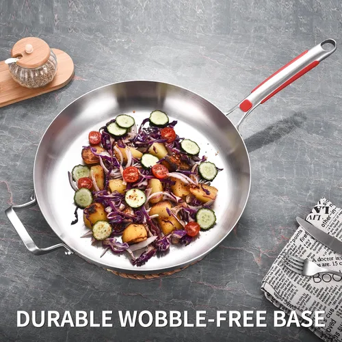 Miniatura 6 de Inqibee Sartén grande de acero inoxidable de tres capas de 14 pulgadas con tapa, sartén grande con mango auxiliar, cocina jumbo, bandeja