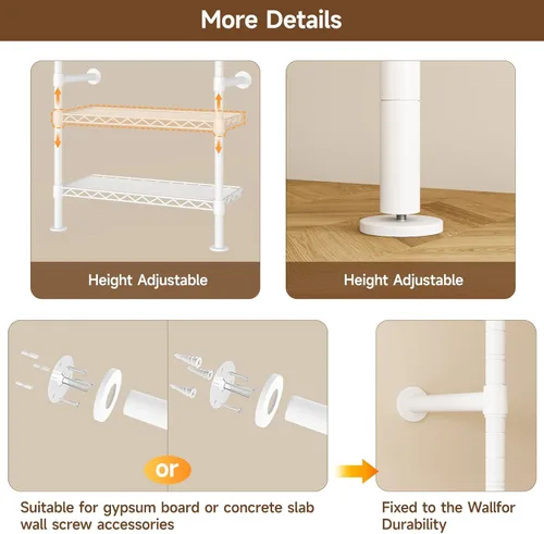 Miniatura 7 de ONBRILL H4 - Sistema de armario para montaje en pared, perchero industrial expandible para colgar ropa, organizador de armario resistente y Blanco