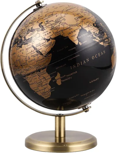 Globo del mundo pequeño de 6 pulgadas con soporte de bronce antiguo, decoración de escritorio de tierra negra y dorada para niños y adultos, globo