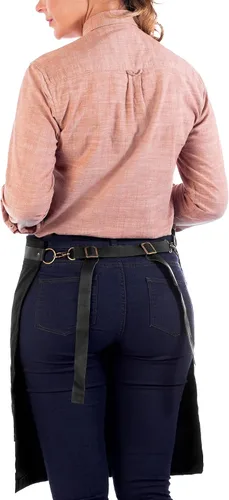 Miniatura 7 de Under NY Sky Delantal de barista, correas de cuero negro y refuerzo, bolsillos remachados, doble costura, lazo de anillo de cuero, sarga negra
