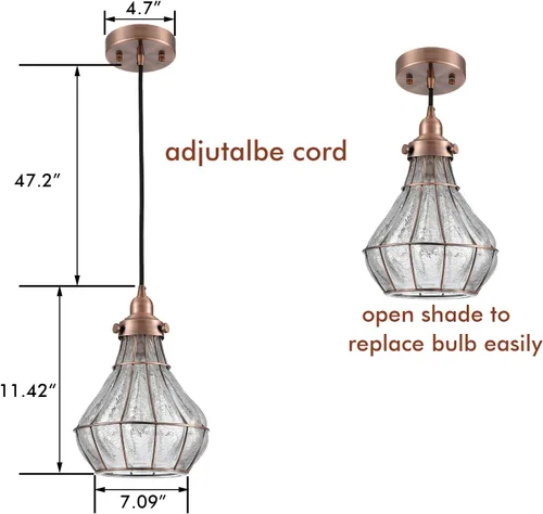 Miniatura 5 de YUBOLE Iluminación colgante de cristal agrietado estilo vintage con jaula de alambre para el techo, rojo cobre antiguo Diamond