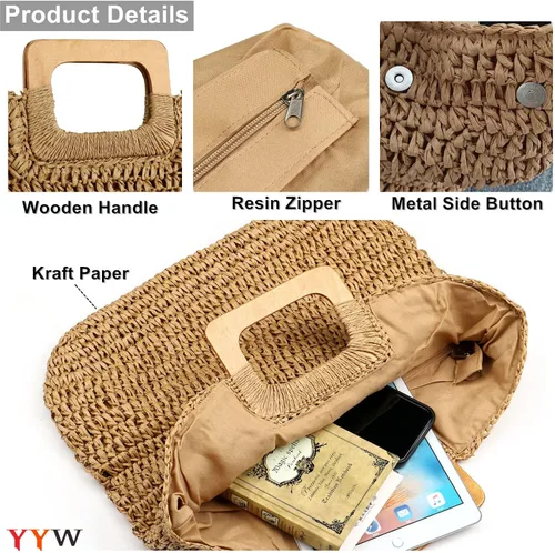 Miniatura 8 de Bolsa de mano para mujer, hecha de paja tejida a mano, grande, informal, con bolsillos con forro para uso diario, viajes, ir a la playa, etc.
