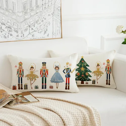 Miniatura 4 de Juego de 2 fundas de almohada de Feliz Navidad de 12 x 20 pulgadas, fundas de almohada de cascanueces de Navidad, fundas de cojín de invierno