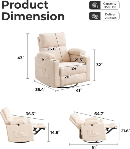 Miniatura 2 de Sillón reclinable eléctrico con balanceo para guardería con apoyabrazos ajustables, silla de lactancia con función de masaje y calor, reclinable
