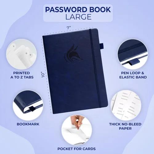 Miniatura 2 de Clever Fox - Libreta de contraseñas con pestañas alfabéticas, organizador de direcciones de Internet, tamaño grande, para inicios de sesión en Azul