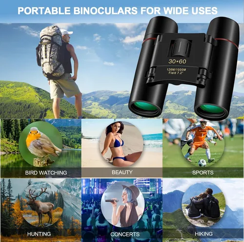 Miniatura 7 de Binoculos compactos 30x60 para adultos e crianças, binóculos pequenos dobráveis, leves e de foco fácil para observação de pássaros, viagem, turismo