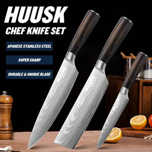 Miniatura 3 de Huusk Juego de cuchillos de chef japoneses, juego de cuchillos de cocina profesionales, juegos de cuchillos de cocina ultra afilados con mango