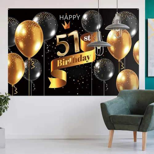 Miniatura 26 de Cartel de fondo de feliz cumpleaños 15 – Suministros de decoración de fiesta de cumpleaños 15 para niños – Oro negro 3.9 x 5.9 pies