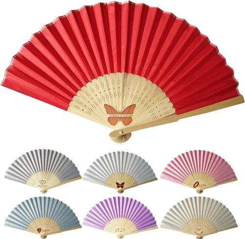 Miniatura 10 de Abanicos de mano personalizados a granel ventiladores de seda personalizados con grabado en el mango, regalos de fiesta, abanicos plegables vienen