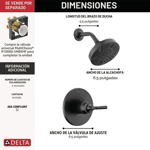 Miniatura 3 de Delta Saylor Serie 14 Juego de Grifería de Ducha de 5 Configuraciones, Cabezal de Ducha y Conjunto de Manija Negro Mate, Kit de Moldura de Válvula