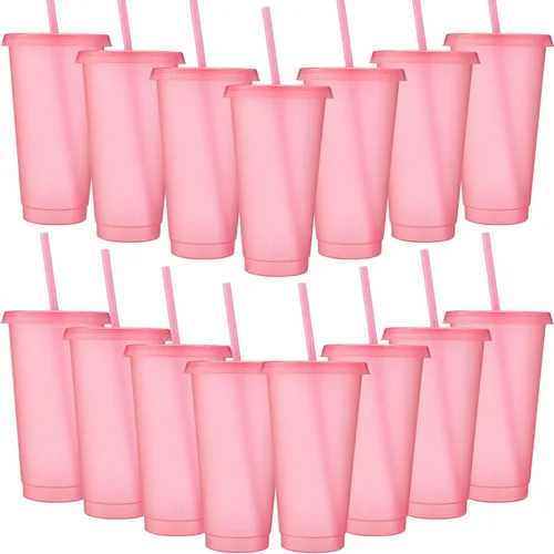 Miniatura 33 de Honeydak Paquete de 60 vasos con popote y tapa, vasos a granel para regalos, tazas de café de plástico con purpurina de 24 a 27 onzas, botella