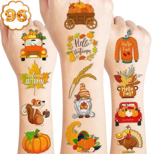 96 piezas de tatuajes temporales precortados para otoño y otoño, decoración de fiesta de cumpleaños, suministros de decoración de Acción de Gracias,