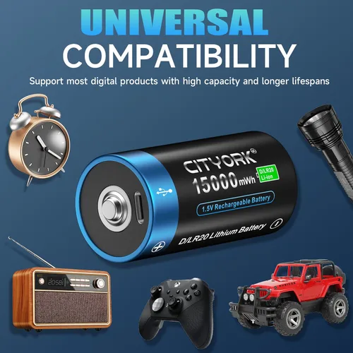 Miniatura 2 de CITYORK Paquete de 4 baterías de litio D recargables USB, baterías de tamaño D de 1.5 V 15000 mWh con cable de carga USB-C 4 en 1, batería de celda