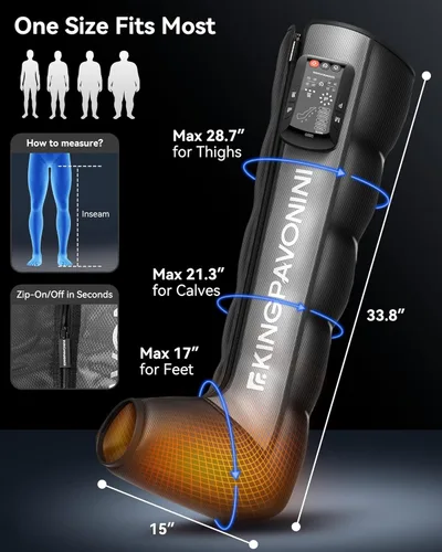 Miniatura 8 de KingPavonini Masajeador inalámbrico de compresión de piernas con 5 cámaras superpuestas y calor de 3 pies, masajeador de piernas de 4500 mAh