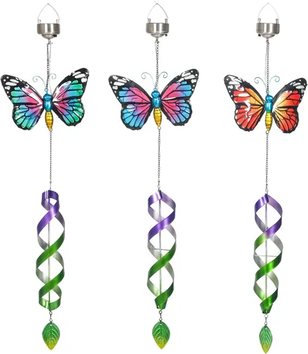Miniatura 8 de Campanillas de viento solares para exteriores, diseño de mariposa, decoración exterior para patio, porche, jardín (azul)