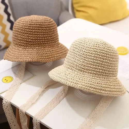 Miniatura 6 de Sombreros de paja para niñas pequeñas y plegables de ala ancha para verano, sombrero de paja para fotografía de bebé, sombreros de paja