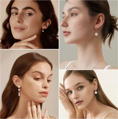 Miniatura 3 de UBGICIG 13 pares de aretes de perlas para mujer, aretes de aro de perlas ligeros, aretes de perlas circulares, aretes colgantes largos de perlas