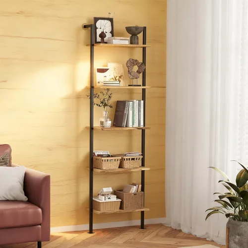 Miniatura 14 de Acovy Estantería de 5 niveles de madera maciza, estante estrecho para libros, estantería de madera, estante de escalera de montaje en pared, estante