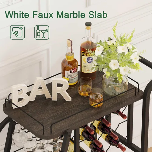 Miniatura 4 de Carrito de bar rústico, carritos de bar rodantes de 3 niveles para el hogar, carrito de servicio industrial para el hogar con soporte para copas