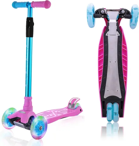 Patinete de 3 ruedas para niños de 6 a 12 años, patinete infantil con ruedas iluminadas, diseño de cubierta resistente y 4 alturas ajustables, Rosa