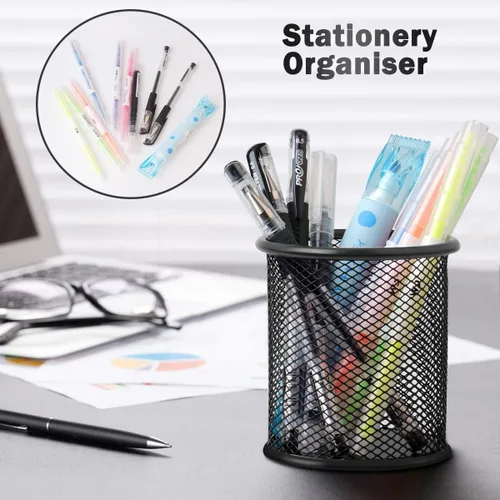 Miniatura 2 de Paquete de 2 soportes metálicos de malla para bolígrafos, 3.54 x 3.85 pulgadas, organizadores de espacio de trabajo para la oficina escolar